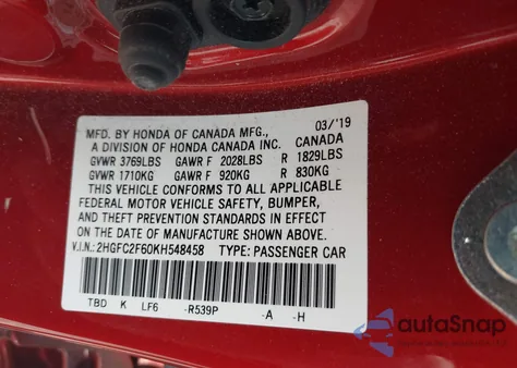 2019 Honda Civic Lx z USA, uszkodzony, nr VIN 2HGFC2F60KH548458